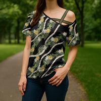 Hawaiian Pikake Maile Lei Cross Shoulder Shirt Tiare Hibiscus Kalo Palapalai Leaf Black