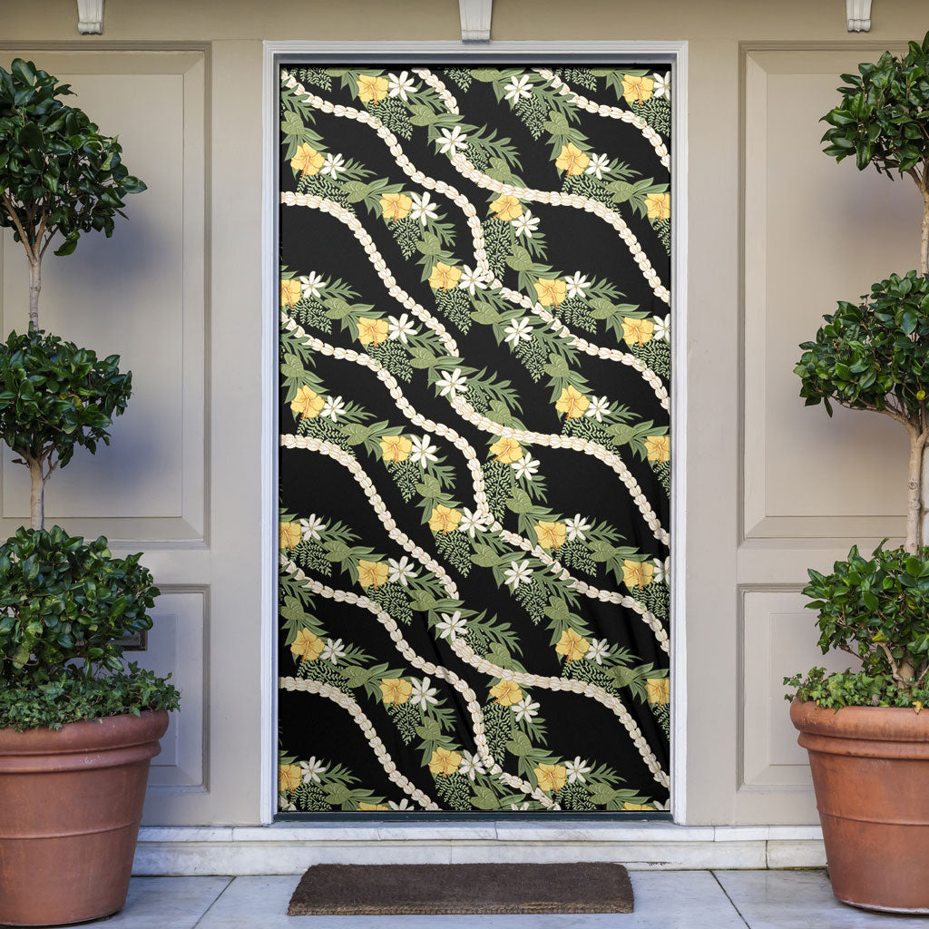 Hawaiian Pikake Maile Lei Door Cover Tiare Hibiscus Kalo Palapalai Leaf Black