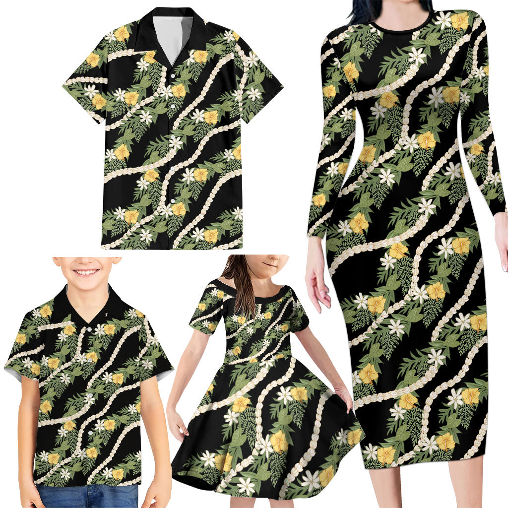 Hawaiian Pikake Maile Lei Family Matching Long Sleeve Bodycon Dress and Hawaiian Shirt Tiare Hibiscus Kalo Palapalai Leaf Black