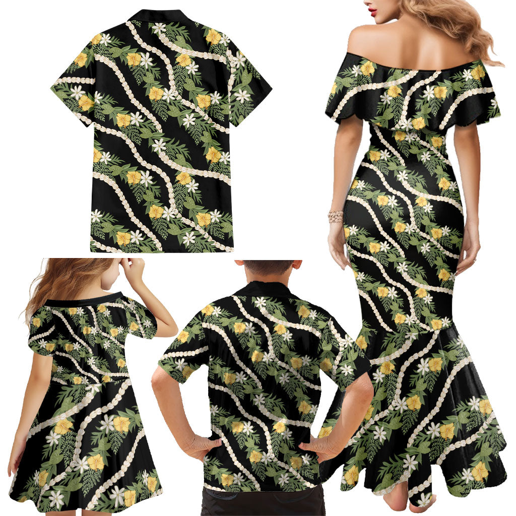 Hawaiian Pikake Maile Lei Family Matching Mermaid Dress and Hawaiian Shirt Tiare Hibiscus Kalo Palapalai Leaf Black