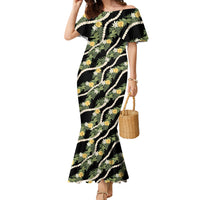 Hawaiian Pikake Maile Lei Family Matching Mermaid Dress and Hawaiian Shirt Tiare Hibiscus Kalo Palapalai Leaf Black
