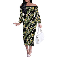 Hawaiian Pikake Maile Lei Family Matching Off The Shoulder Long Sleeve Dress and Hawaiian Shirt Tiare Hibiscus Kalo Palapalai Leaf Black