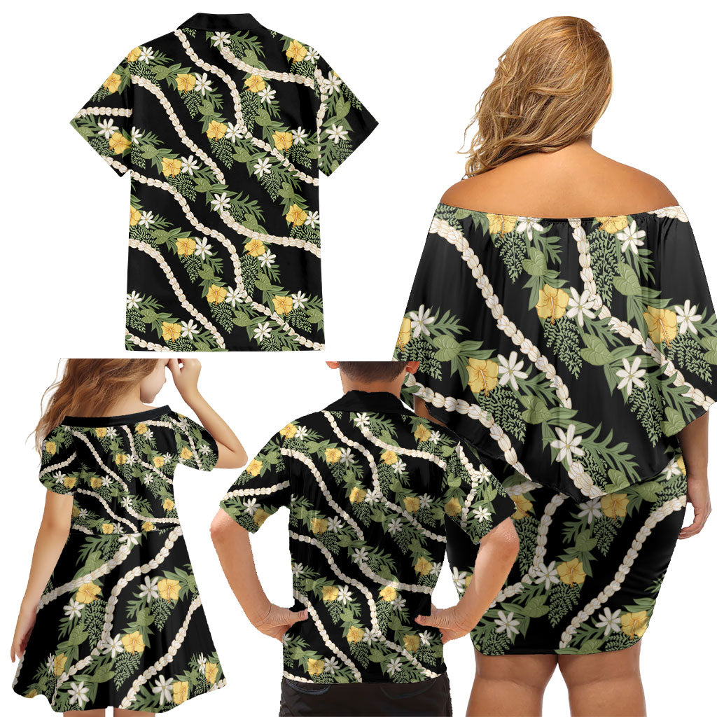 Hawaiian Pikake Maile Lei Family Matching Off Shoulder Short Dress and Hawaiian Shirt Tiare Hibiscus Kalo Palapalai Leaf Black