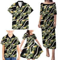 Hawaiian Pikake Maile Lei Family Matching Puletasi and Hawaiian Shirt Tiare Hibiscus Kalo Palapalai Leaf Black