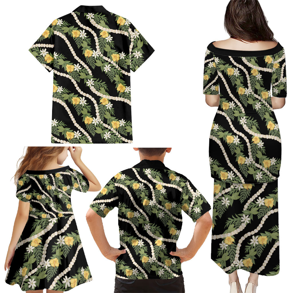 Hawaiian Pikake Maile Lei Family Matching Puletasi and Hawaiian Shirt Tiare Hibiscus Kalo Palapalai Leaf Black