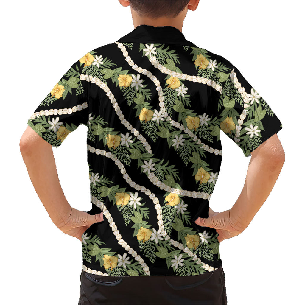Hawaiian Pikake Maile Lei Family Matching Short Sleeve Bodycon Dress and Hawaiian Shirt Tiare Hibiscus Kalo Palapalai Leaf Black LT19 - Polynesian Pride