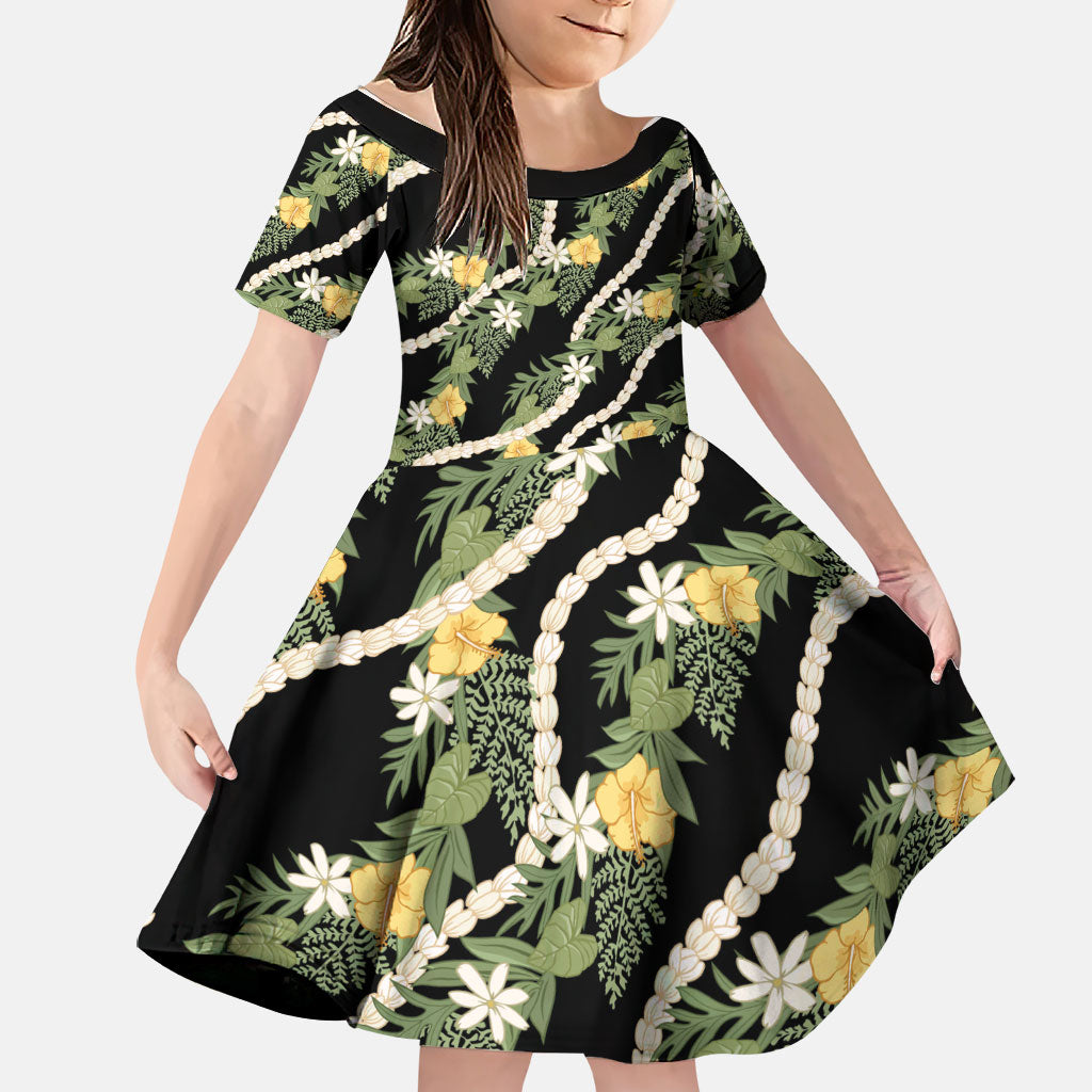 Hawaiian Pikake Maile Lei Family Matching Short Sleeve Bodycon Dress and Hawaiian Shirt Tiare Hibiscus Kalo Palapalai Leaf Black LT19 Daughter's Dress Black - Polynesian Pride