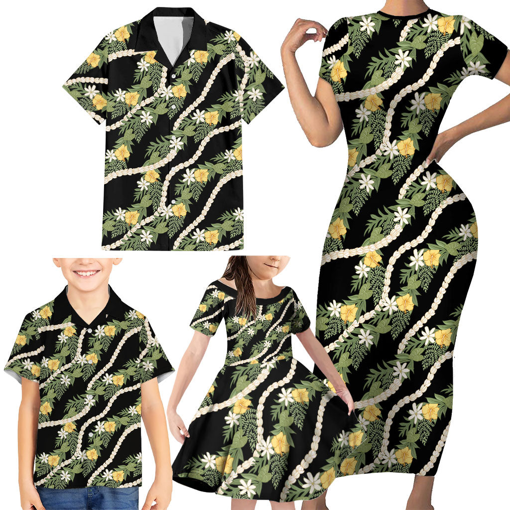 Hawaiian Pikake Maile Lei Family Matching Short Sleeve Bodycon Dress and Hawaiian Shirt Tiare Hibiscus Kalo Palapalai Leaf Black LT19 - Polynesian Pride