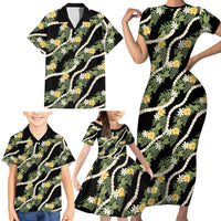 Hawaiian Pikake Maile Lei Family Matching Short Sleeve Bodycon Dress and Hawaiian Shirt Tiare Hibiscus Kalo Palapalai Leaf Black LT19 - Polynesian Pride
