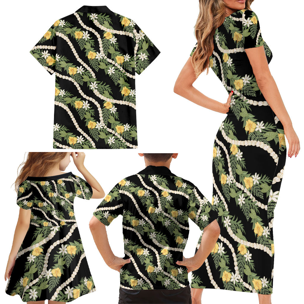 Hawaiian Pikake Maile Lei Family Matching Short Sleeve Bodycon Dress and Hawaiian Shirt Tiare Hibiscus Kalo Palapalai Leaf Black LT19 - Polynesian Pride