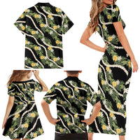 Hawaiian Pikake Maile Lei Family Matching Short Sleeve Bodycon Dress and Hawaiian Shirt Tiare Hibiscus Kalo Palapalai Leaf Black LT19 - Polynesian Pride