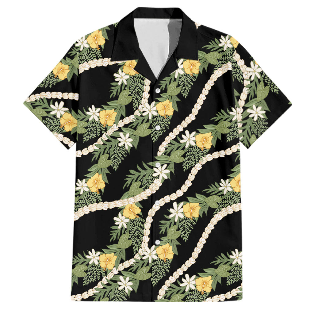 Hawaiian Pikake Maile Lei Family Matching Short Sleeve Bodycon Dress and Hawaiian Shirt Tiare Hibiscus Kalo Palapalai Leaf Black LT19 Dad's Shirt - Short Sleeve Black - Polynesian Pride