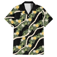 Hawaiian Pikake Maile Lei Family Matching Short Sleeve Bodycon Dress and Hawaiian Shirt Tiare Hibiscus Kalo Palapalai Leaf Black LT19 Dad's Shirt - Short Sleeve Black - Polynesian Pride