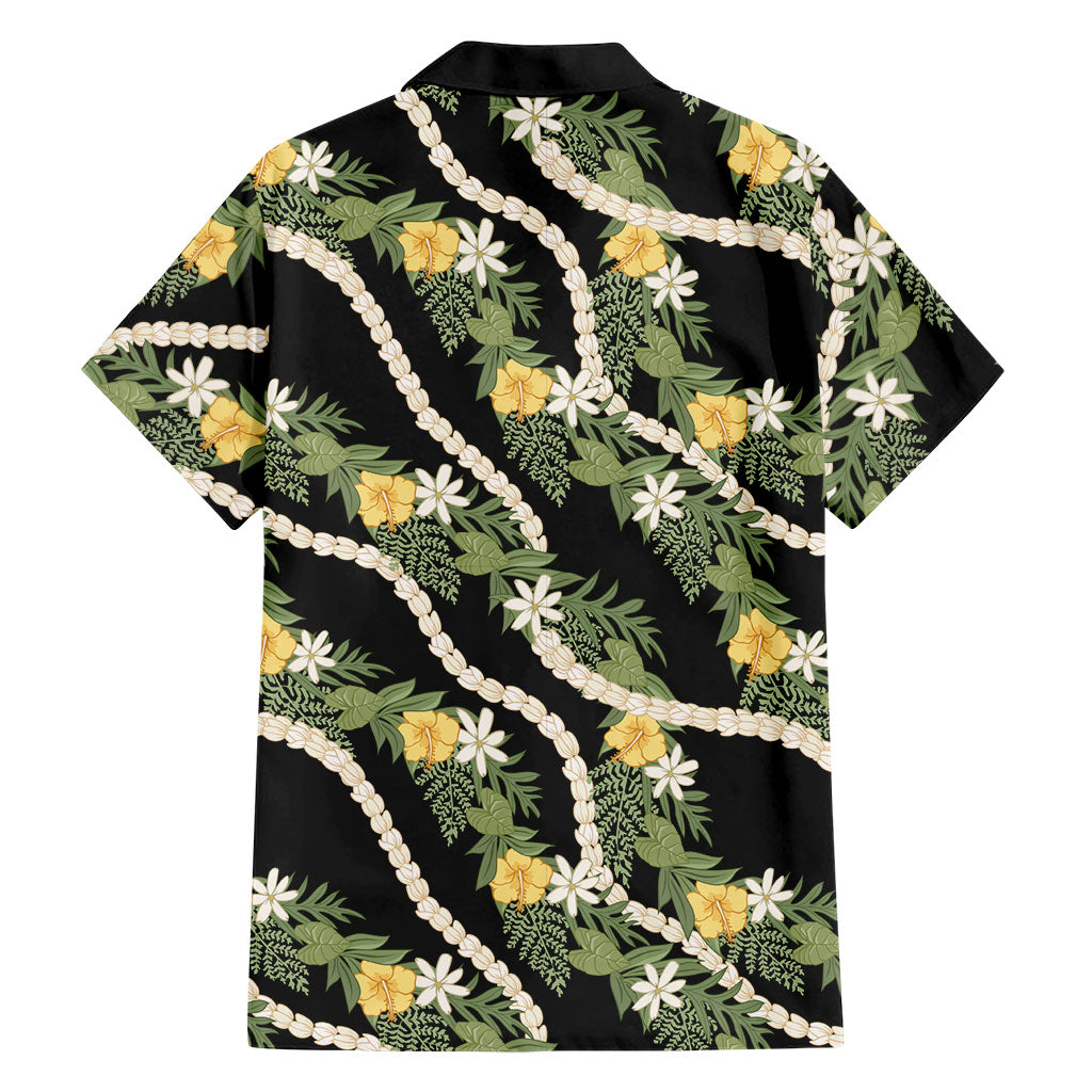 Hawaiian Pikake Maile Lei Family Matching Short Sleeve Bodycon Dress and Hawaiian Shirt Tiare Hibiscus Kalo Palapalai Leaf Black LT19 - Polynesian Pride