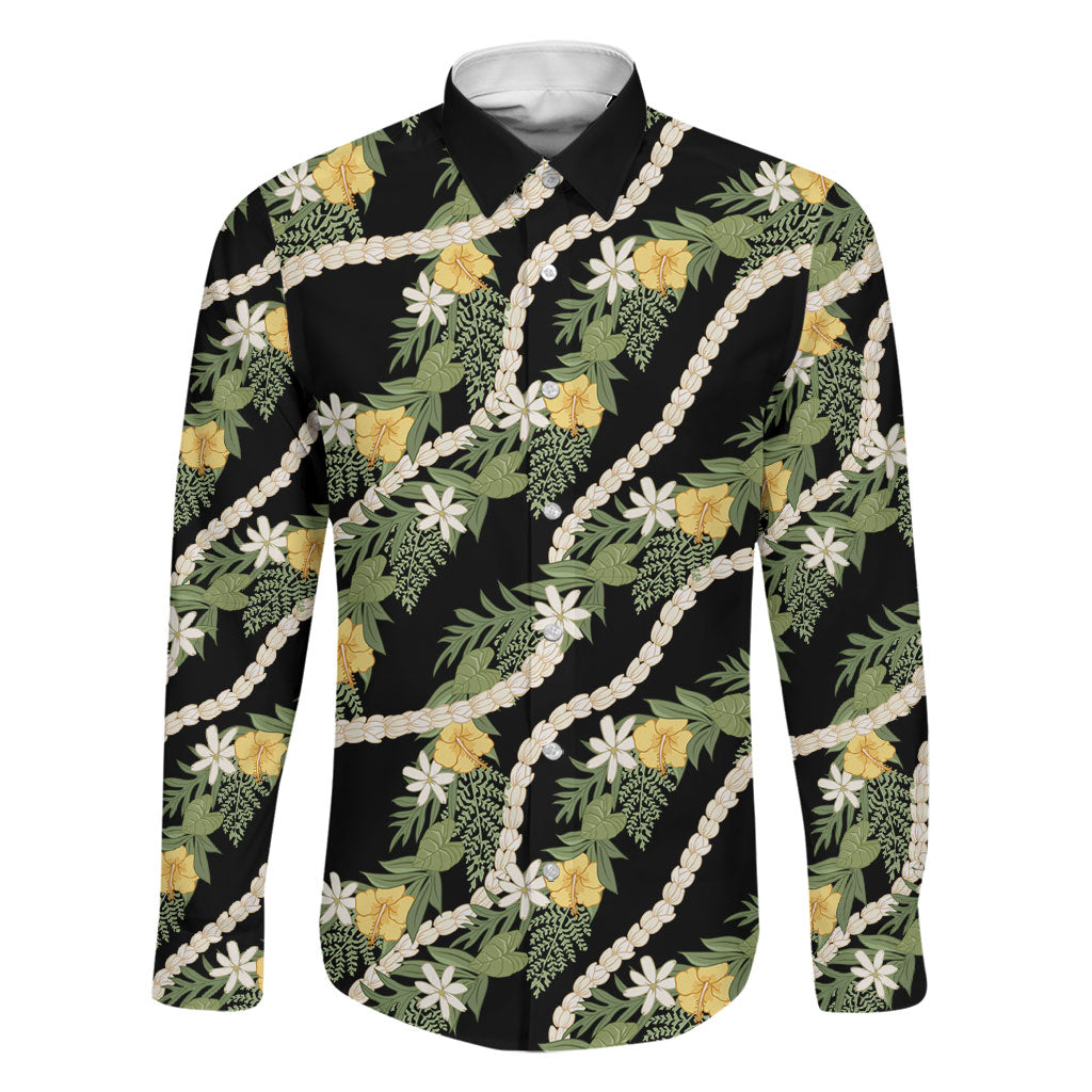 Hawaiian Pikake Maile Lei Family Matching Short Sleeve Bodycon Dress and Hawaiian Shirt Tiare Hibiscus Kalo Palapalai Leaf Black LT19 Dad's Shirt - Long Sleeve Black - Polynesian Pride