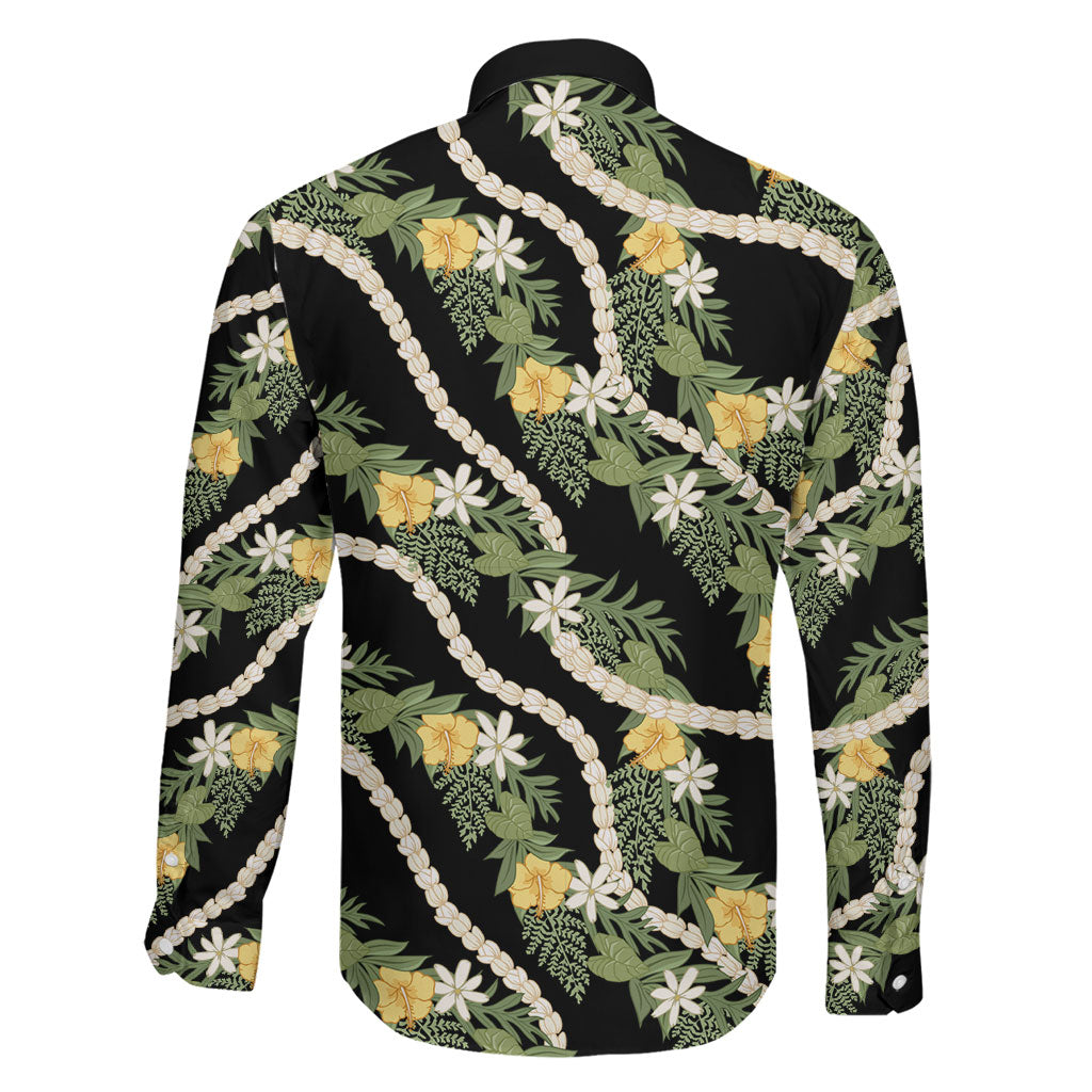 Hawaiian Pikake Maile Lei Family Matching Short Sleeve Bodycon Dress and Hawaiian Shirt Tiare Hibiscus Kalo Palapalai Leaf Black LT19 - Polynesian Pride