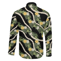 Hawaiian Pikake Maile Lei Family Matching Short Sleeve Bodycon Dress and Hawaiian Shirt Tiare Hibiscus Kalo Palapalai Leaf Black LT19 - Polynesian Pride