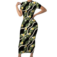 Hawaiian Pikake Maile Lei Family Matching Short Sleeve Bodycon Dress and Hawaiian Shirt Tiare Hibiscus Kalo Palapalai Leaf Black LT19 Mom's Dress Black - Polynesian Pride