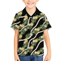 Hawaiian Pikake Maile Lei Family Matching Short Sleeve Bodycon Dress and Hawaiian Shirt Tiare Hibiscus Kalo Palapalai Leaf Black LT19 Son's Shirt Black - Polynesian Pride