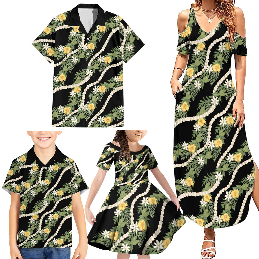 Hawaiian Pikake Maile Lei Family Matching Summer Maxi Dress and Hawaiian Shirt Tiare Hibiscus Kalo Palapalai Leaf Black