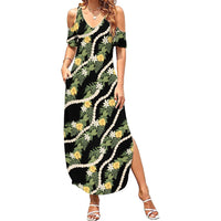 Hawaiian Pikake Maile Lei Family Matching Summer Maxi Dress and Hawaiian Shirt Tiare Hibiscus Kalo Palapalai Leaf Black