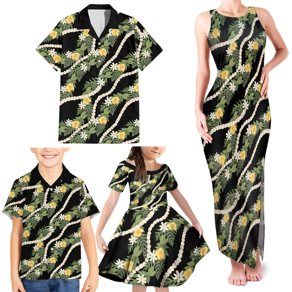 Hawaiian Pikake Maile Lei Family Matching Tank Maxi Dress and Hawaiian Shirt Tiare Hibiscus Kalo Palapalai Leaf Black