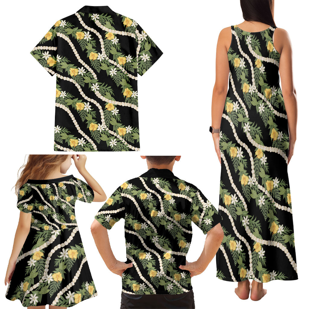 Hawaiian Pikake Maile Lei Family Matching Tank Maxi Dress and Hawaiian Shirt Tiare Hibiscus Kalo Palapalai Leaf Black