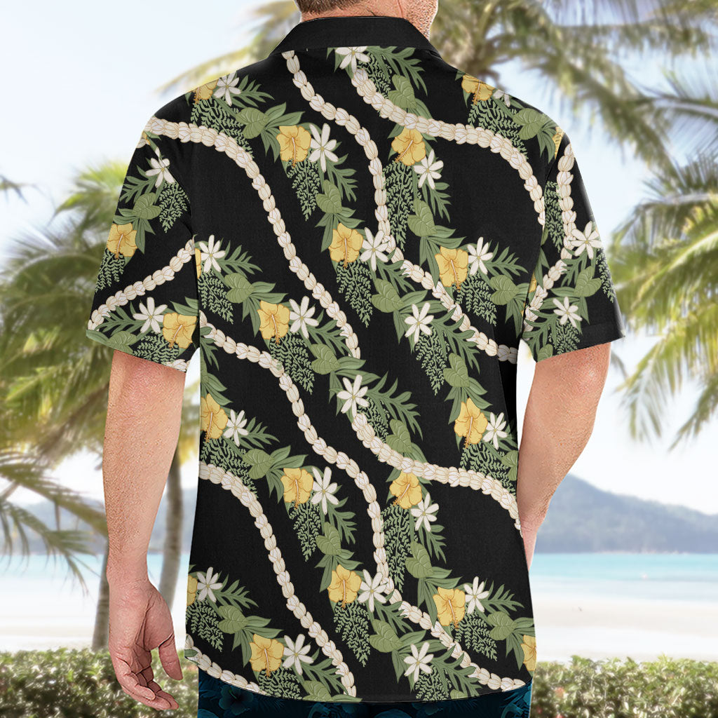 Hawaiian Pikake Maile Lei Hawaiian Shirt Tiare Hibiscus Kalo Palapalai Leaf Black