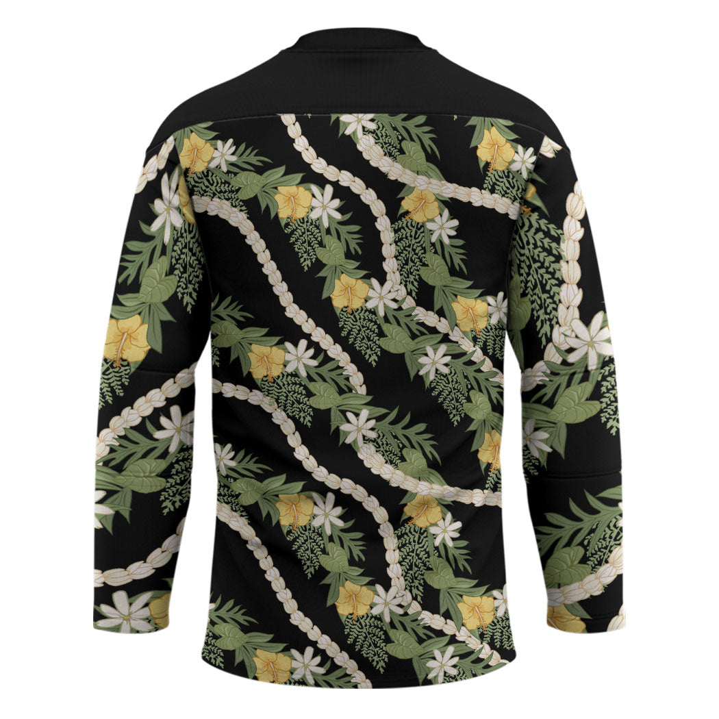 Hawaiian Pikake Maile Lei Hockey Jersey Tiare Hibiscus Kalo Palapalai Leaf Black