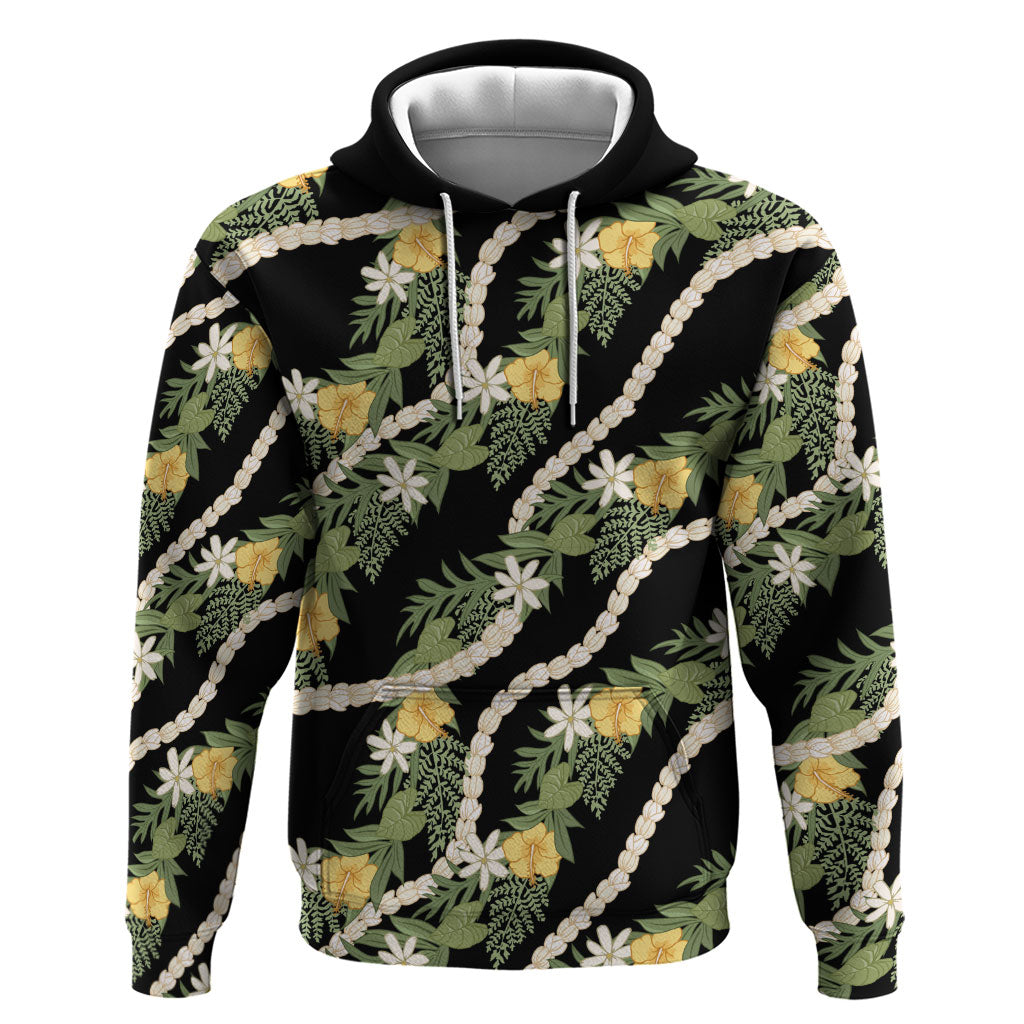 Hawaiian Pikake Maile Lei Hoodie Tiare Hibiscus Kalo Palapalai Leaf Black LT19 Pullover Hoodie Black - Polynesian Pride