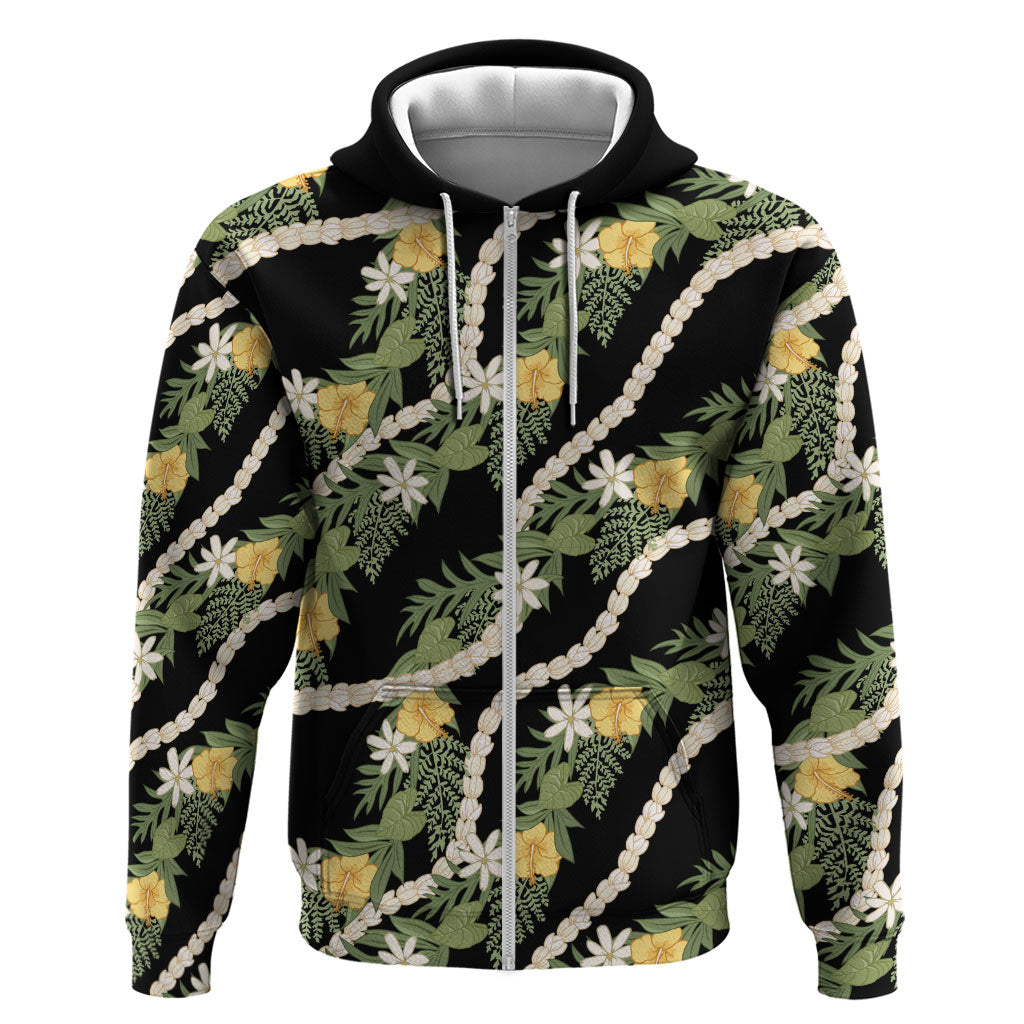 Hawaiian Pikake Maile Lei Hoodie Tiare Hibiscus Kalo Palapalai Leaf Black LT19 Zip Hoodie Black - Polynesian Pride