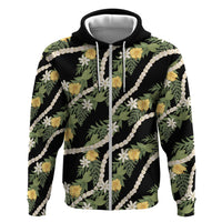 Hawaiian Pikake Maile Lei Hoodie Tiare Hibiscus Kalo Palapalai Leaf Black LT19 Zip Hoodie Black - Polynesian Pride