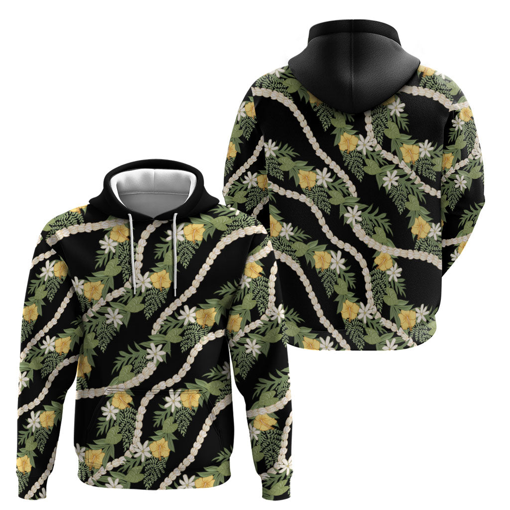 Hawaiian Pikake Maile Lei Hoodie Tiare Hibiscus Kalo Palapalai Leaf Black LT19 - Polynesian Pride