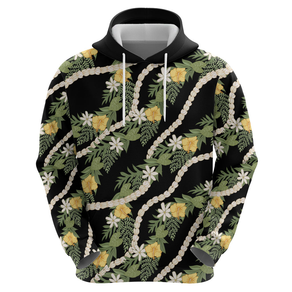 Hawaiian Pikake Maile Lei Hoodie Tiare Hibiscus Kalo Palapalai Leaf Black LT19 - Polynesian Pride