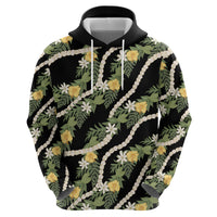 Hawaiian Pikake Maile Lei Hoodie Tiare Hibiscus Kalo Palapalai Leaf Black LT19 - Polynesian Pride