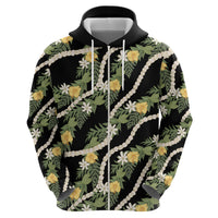 Hawaiian Pikake Maile Lei Hoodie Tiare Hibiscus Kalo Palapalai Leaf Black LT19 - Polynesian Pride