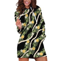 Hawaiian Pikake Maile Lei Hoodie Dress Tiare Hibiscus Kalo Palapalai Leaf Black