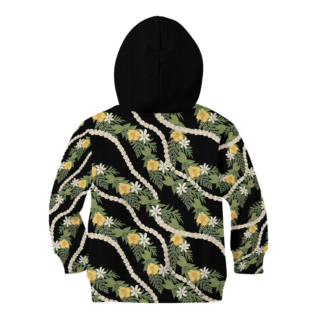 Hawaiian Pikake Maile Lei Kid Hoodie Tiare Hibiscus Kalo Palapalai Leaf Black