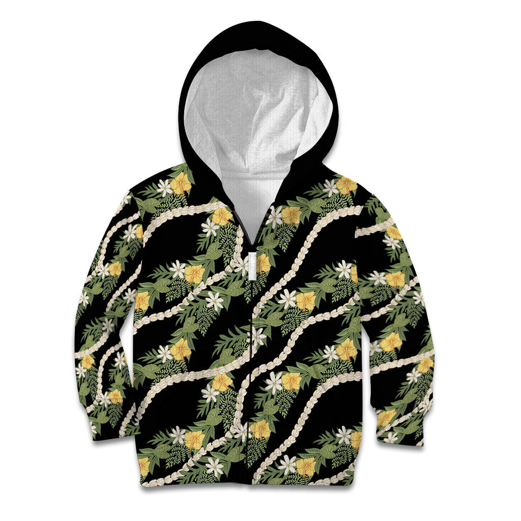 Hawaiian Pikake Maile Lei Kid Hoodie Tiare Hibiscus Kalo Palapalai Leaf Black