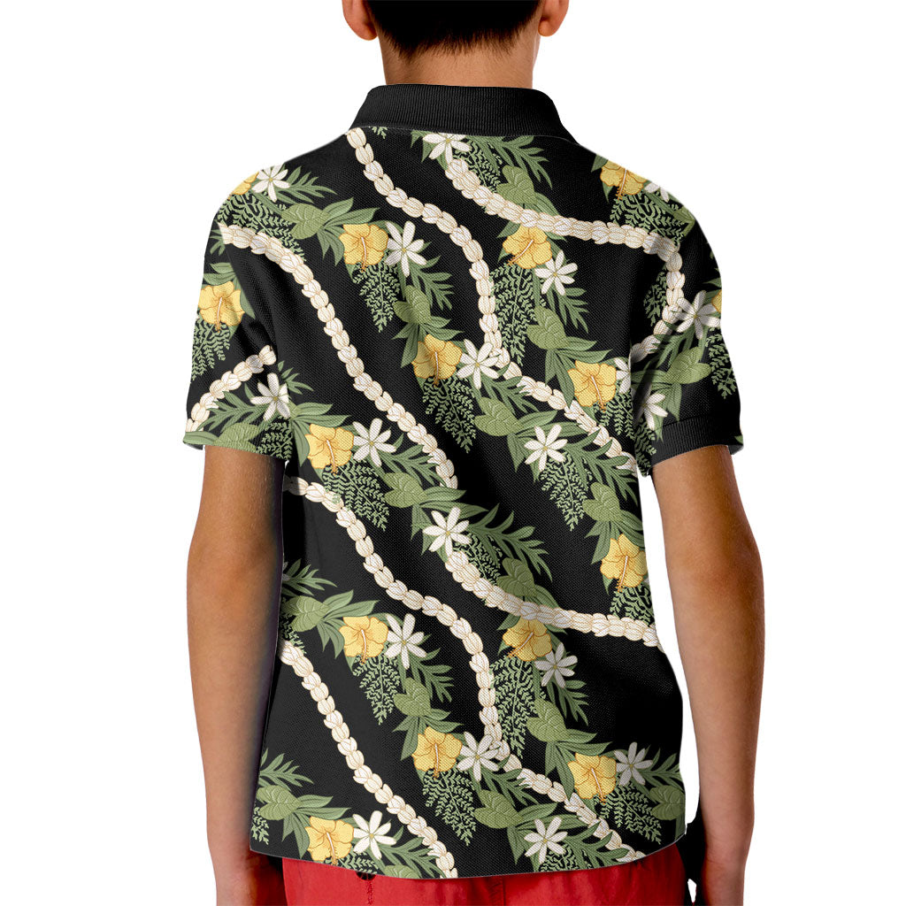 Hawaiian Pikake Maile Lei Kid Polo Shirt Tiare Hibiscus Kalo Palapalai Leaf Black