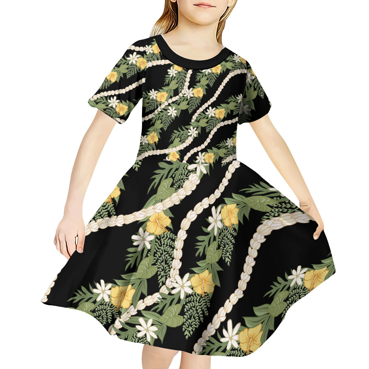 Hawaiian Pikake Maile Lei Kid Short Sleeve Dress Tiare Hibiscus Kalo Palapalai Leaf Black