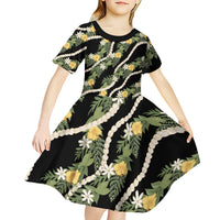 Hawaiian Pikake Maile Lei Kid Short Sleeve Dress Tiare Hibiscus Kalo Palapalai Leaf Black