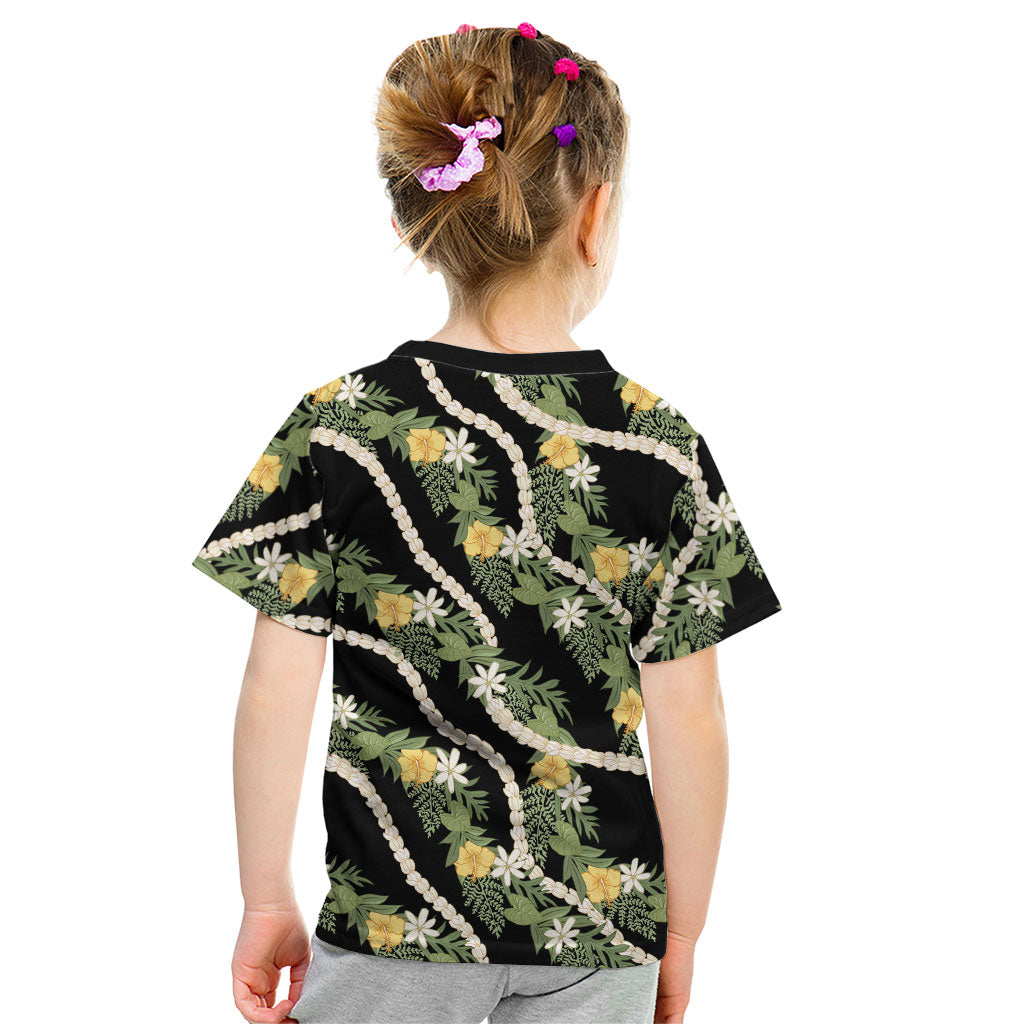 Hawaiian Pikake Maile Lei Kid T Shirt Tiare Hibiscus Kalo Palapalai Leaf Black