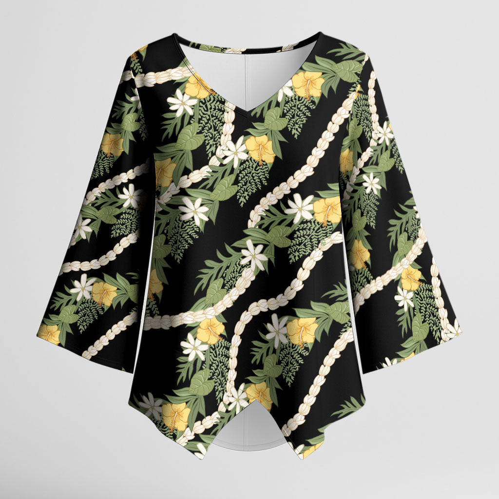 Hawaiian Pikake Maile Lei Kimono Sleeve Blouse Tiare Hibiscus Kalo Palapalai Leaf Black