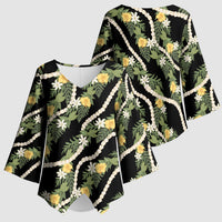 Hawaiian Pikake Maile Lei Kimono Sleeve Blouse Tiare Hibiscus Kalo Palapalai Leaf Black