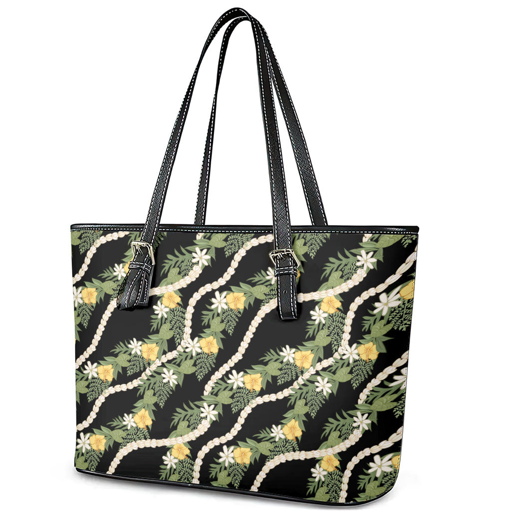 Hawaiian Pikake Maile Lei Leather Tote Bag Tiare Hibiscus Kalo Palapalai Leaf Black