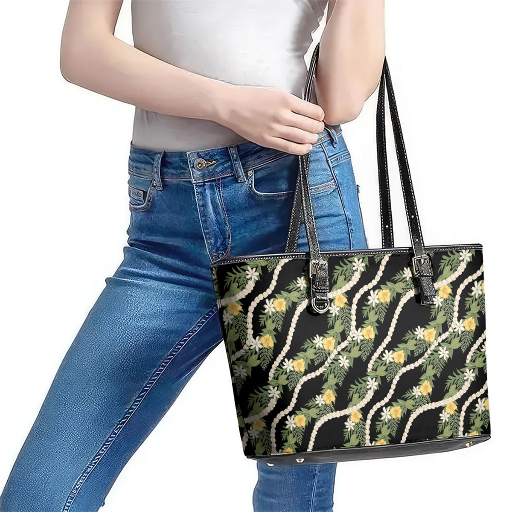 Hawaiian Pikake Maile Lei Leather Tote Bag Tiare Hibiscus Kalo Palapalai Leaf Black