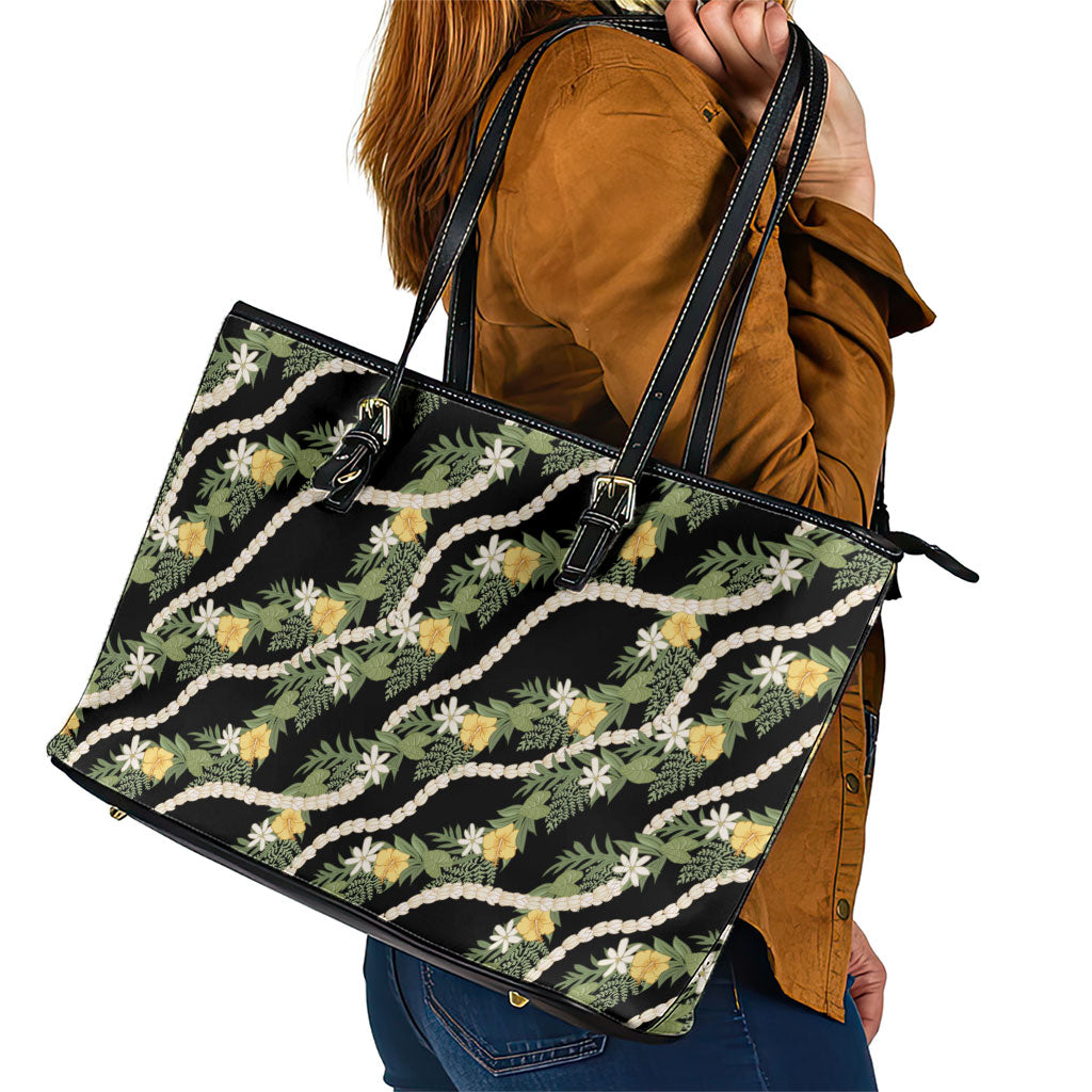 Hawaiian Pikake Maile Lei Leather Tote Bag Tiare Hibiscus Kalo Palapalai Leaf Black