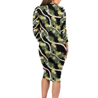 Hawaiian Pikake Maile Lei Long Sleeve Bodycon Dress Tiare Hibiscus Kalo Palapalai Leaf Black