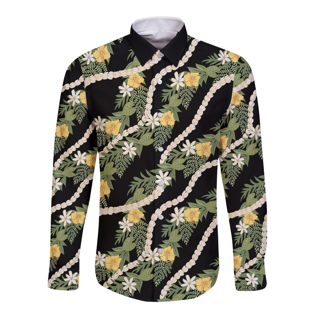 Hawaiian Pikake Maile Lei Long Sleeve Button Shirt Tiare Hibiscus Kalo Palapalai Leaf Black